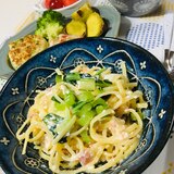 小松菜と鮭の和風豆腐クリームパスタ